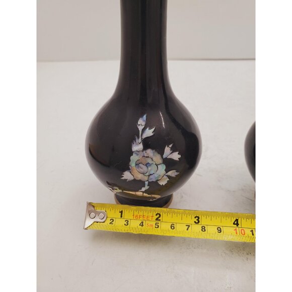 Vintage Black Enameled Bronze Vase with Pearl Decoration, Black Lacquer Painted - Picture 6 of 10
